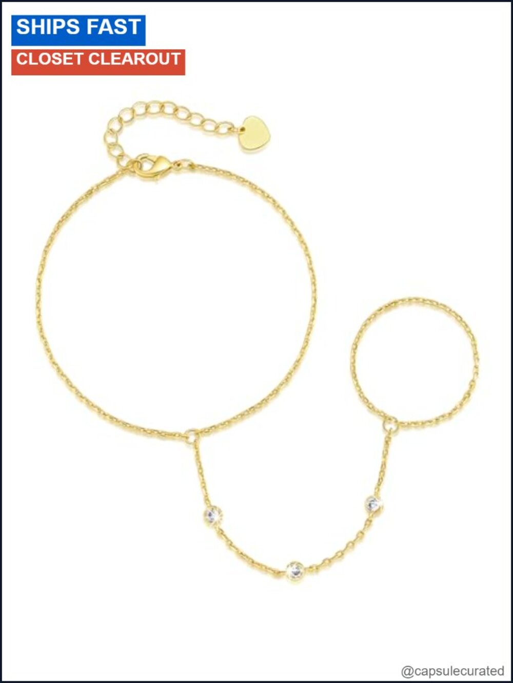 14k Gold Plated Hand Chain Bracelet with Cubic Zirconia Adjustable